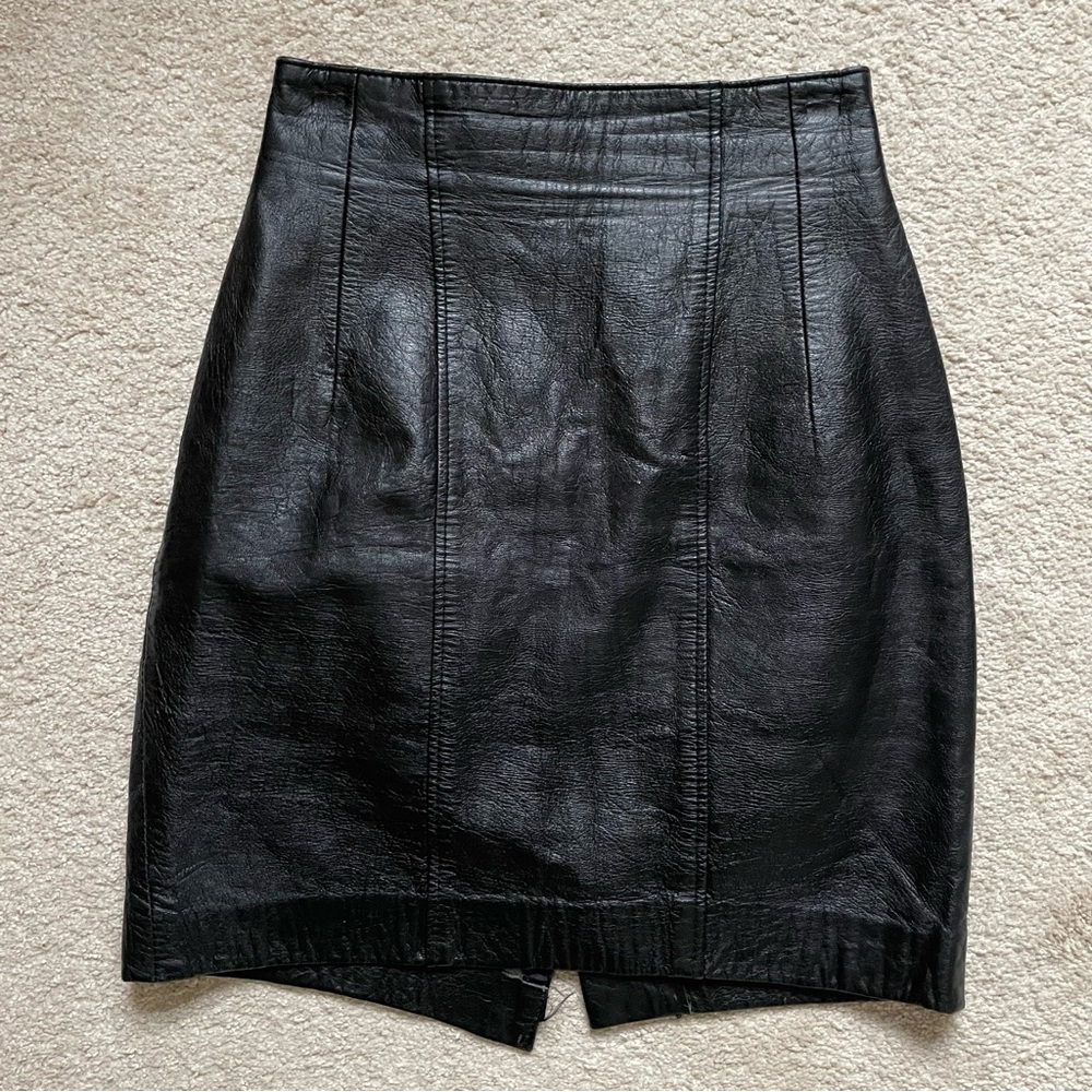 Vintage Black Leather Mini Skirt, 100% Genuine Leather, XS